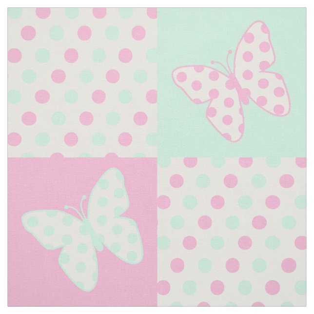 Tissu Papillon rose Pois verts (Échantillon)