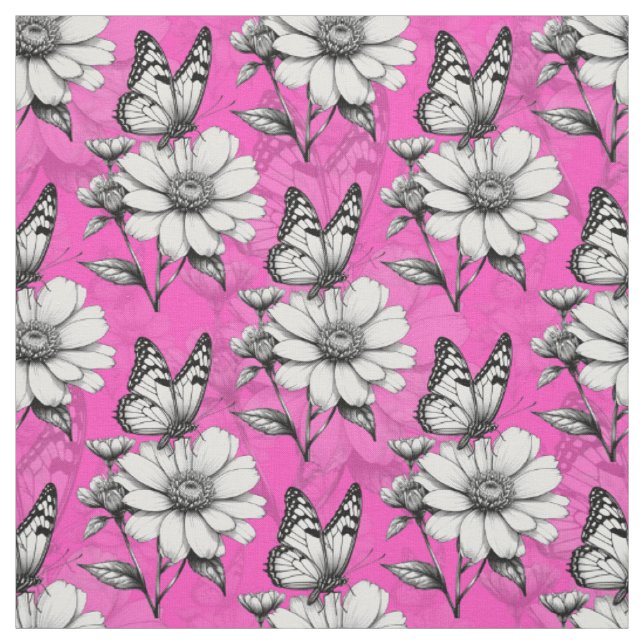 Tissu Papillon Sur Flower Motif Design rose (Échantillon)