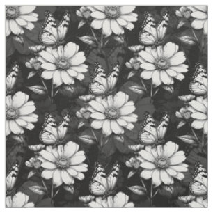 Tissu Papillon sur Motif à fleurs - Noir