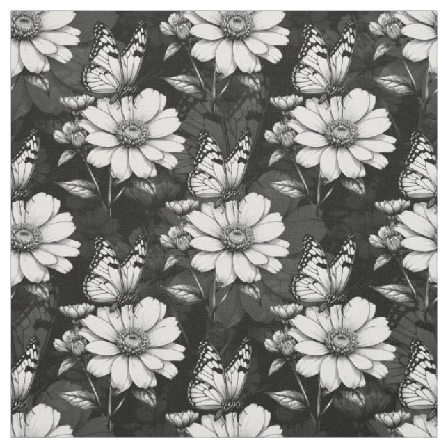Tissu Papillon sur Motif à fleurs - Noir (Échantillon)