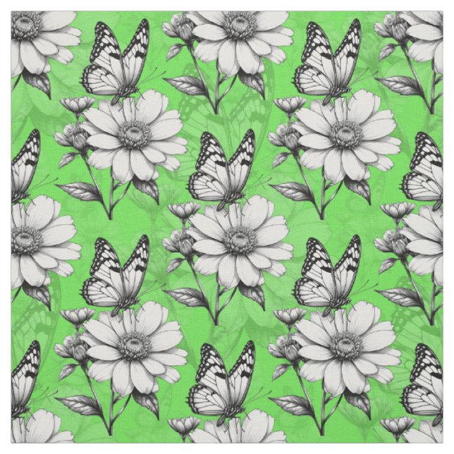 Tissu Papillon sur motif de fleur de design vert   (Échantillon)