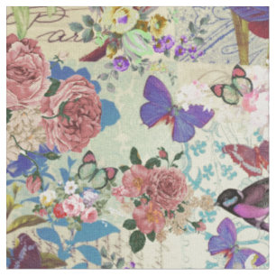 Tissu Papillons aux oiseaux colorés vintage motif flora