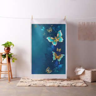 Tissu Papillons d'or sur un Arrière - plan bleu