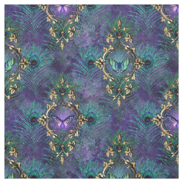 Tissu Papillons encadrés et plumes de paon (Échantillon)