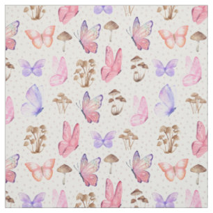 Tissu Papillons et champignons en blanc