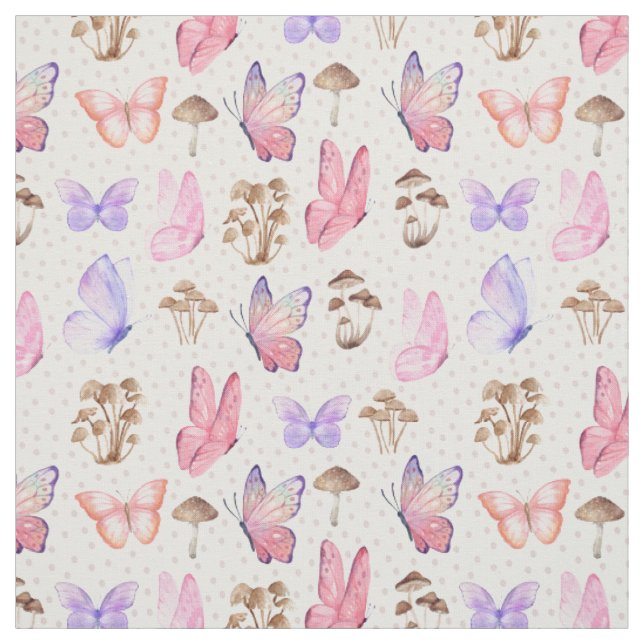 Tissu Papillons et champignons en blanc (Échantillon)