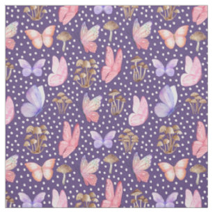 Tissu Papillons et champignons sur le pourpre foncé