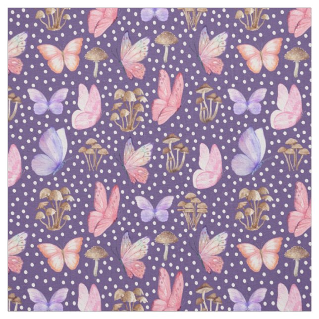 Tissu Papillons et champignons sur le pourpre foncé (Échantillon)