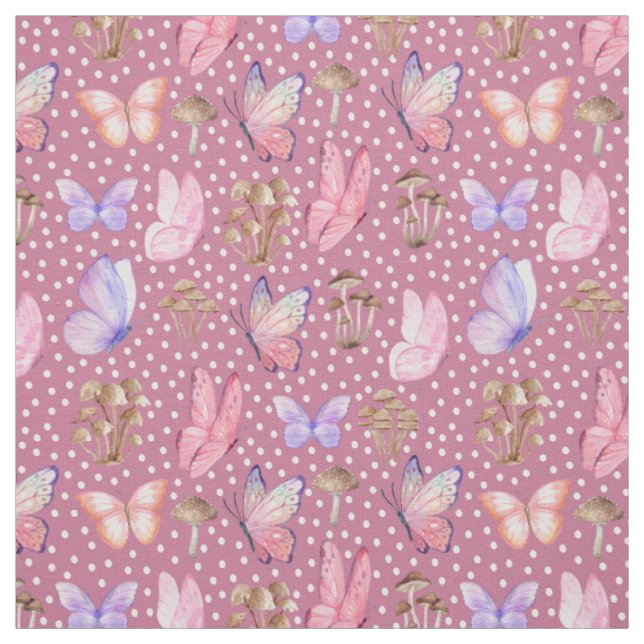 Tissu Papillons et champignons sur rose pourpre (Échantillon)