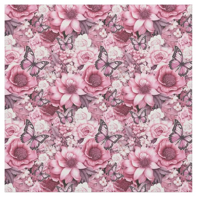 Tissu Papillons et Fleurs dans des tons roses variés (Fermer)