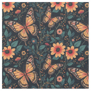 Tissu Papillons et fleurs orange