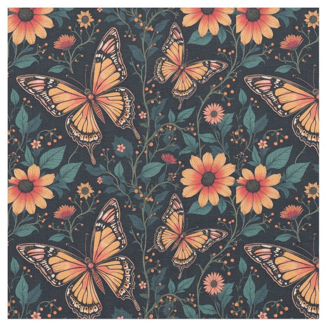 Tissu Papillons et fleurs orange (Fermer)