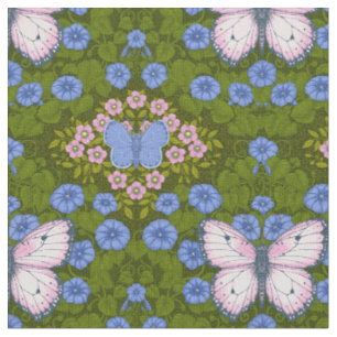 Tissu Papillons et symétrie des fleurs, bleu et rose