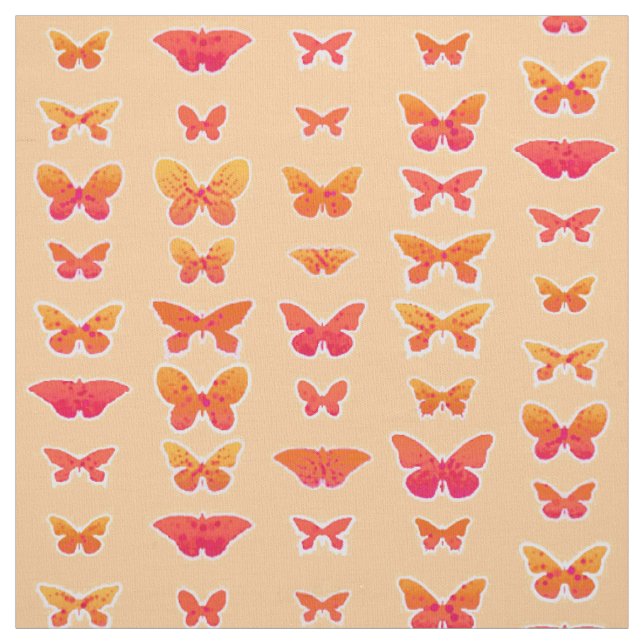 Tissu Papillons, orange tendre, rose corail, or (Échantillon)