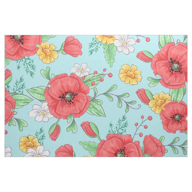 Tissu Papillons rouges et marguerites jaunes motif flora (Fat Quarter)