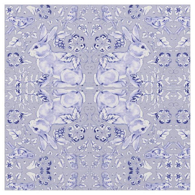 Tissu Pastel Blue & White Lapin Lapin Bird Petite Impres (Fermer)