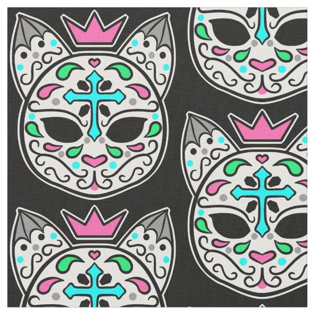 Tissu Pastel goth kitty chat sucre crâne motif (Fermer)