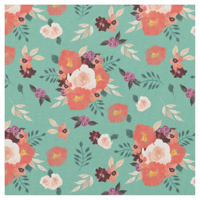 Tissu Pâte| Flore d'aquarelle de corail sur Turquoise (Fermer)