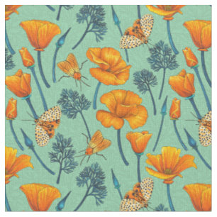 Tissu Pavot et papillons de nuit de Californie sur jade