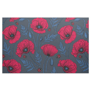 Tissu Pavot rouge et coccinelle bleu foncé
