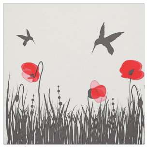 Tissu Pavots et colibris rouges Artsy