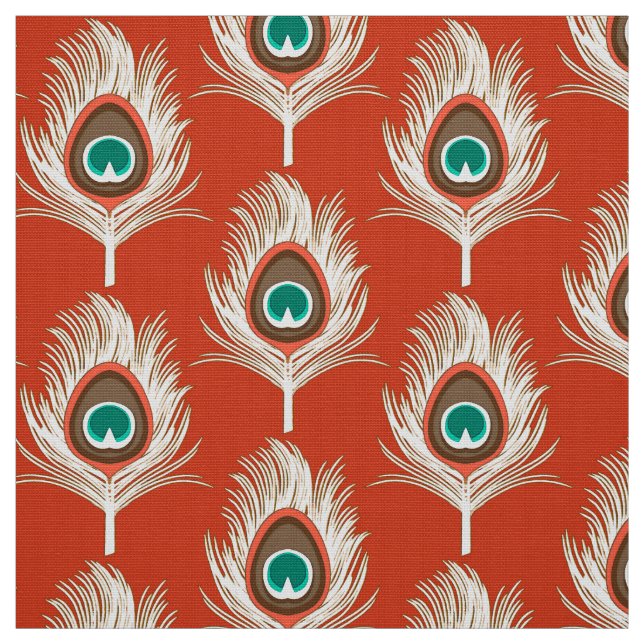 Tissu Peacock Feathers, Blanc sur Mandarin Orange (Échantillon)