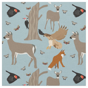 Tissu Pennsylvania Wildlife Deer, Fox, Birds Patterned
