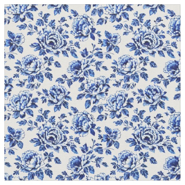 Tissu Peonies Bleues et Blances Toile de Jouy (Fermer)
