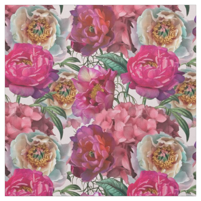 Tissu Peonies roses rouges et fleurs d'Hydrangée (Échantillon)