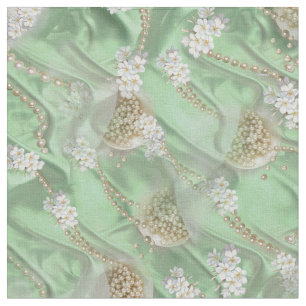 Tissu Perles de champagne verte en soie et ivoire
