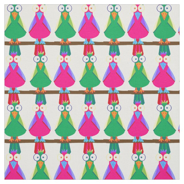 Tissu Perroquets de dessin animé verts et roses (Échantillon)