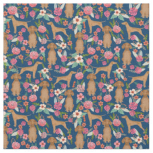 Tissu PETIT chien vizsla vintage floral bleu marine