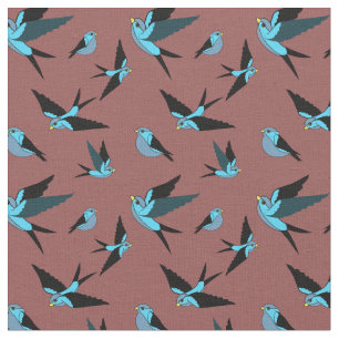 Tissu Petit oiseau bleu volant, assis, dessin d'art folk