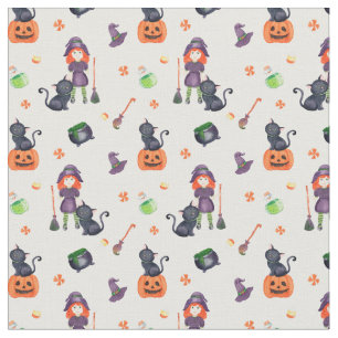 Tissu Petite sorcière d'Halloween, chat noir et mignonne