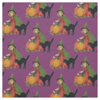 Tissu Petite sorcière son chat noir et citrouille -