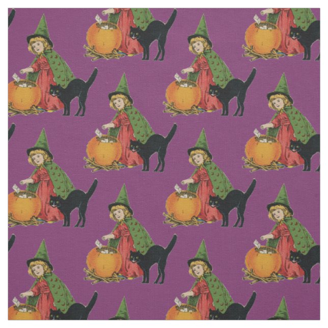 Tissu Petite sorcière son chat noir et citrouille - (Échantillon)