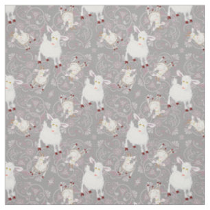Tissu Petites chèvres et fleurs blanches