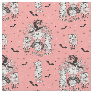 Tissu Petites sorcières mignonnes avec chats et chouett