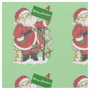 Tissu Petits animaux du Père Noël Arbre vert clair