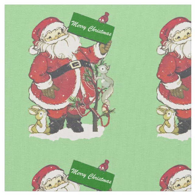 Tissu Petits animaux du Père Noël Arbre vert clair (Fermer)