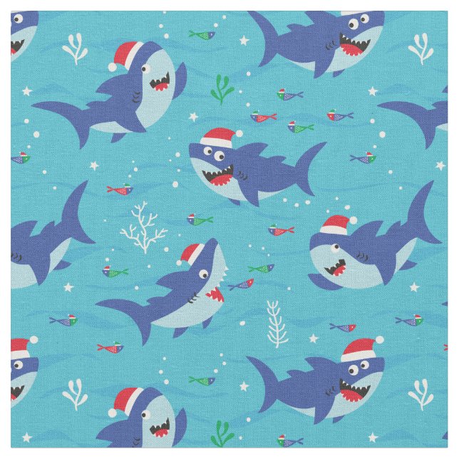 Tissu Petits requins de Noël sur arrière - plan bleu (Fermer)