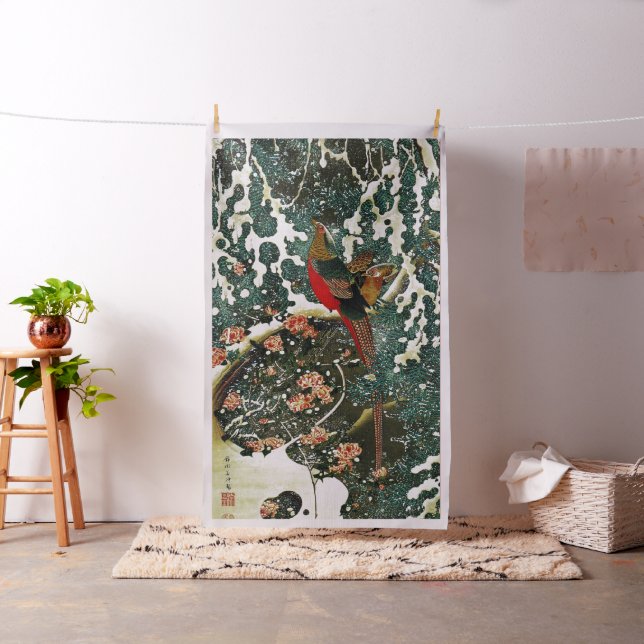 Tissu Pheasants à Snow, Pine Tree, Roses, Japanese Flora (In Situ)