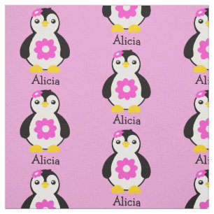 Tissu Pingouins mignons pour bébés aux fleurs roses