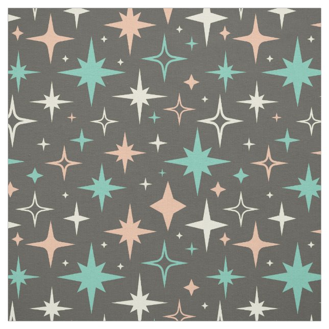 Tissu Pink Blue Yellow Atomic Stars on Brown Mid Century (Échantillon)