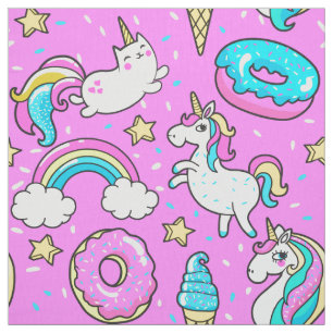 Tissu Pink Kitschy glittery drôle de licorne et de chat