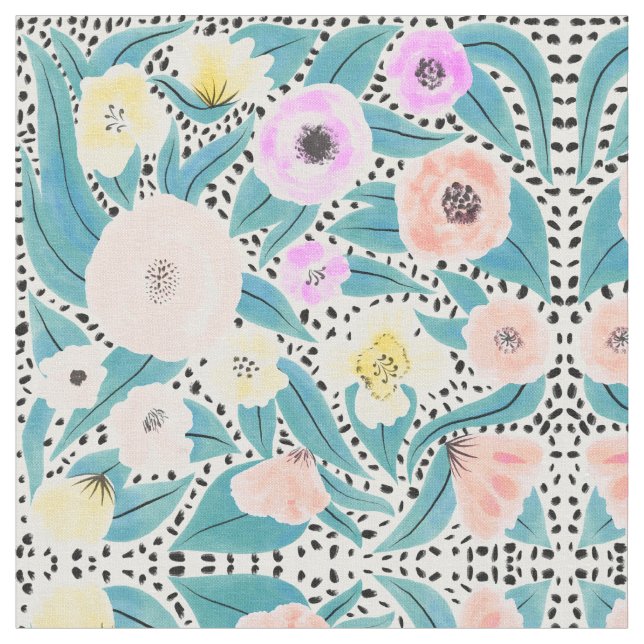 Tissu Pink Yellow Floral Polka Dots Watercolor Pattern (Fermer)