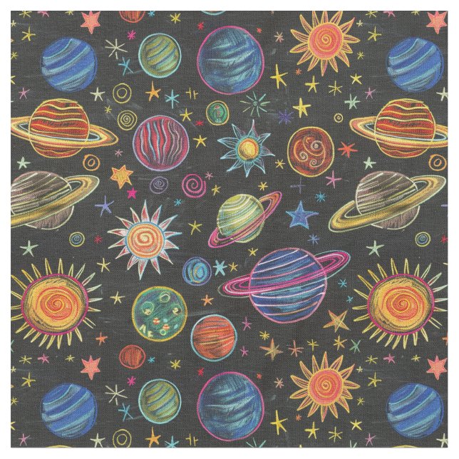 Tissu Planètes Crayon et soleil dans le motif spatial (Fermer)
