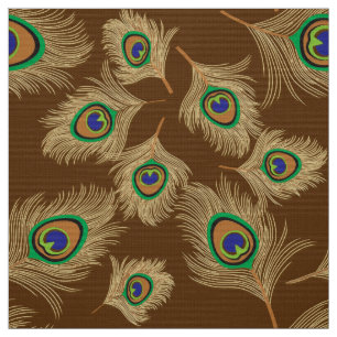 Tissu Plumes beiges de paon sur brun chocolat
