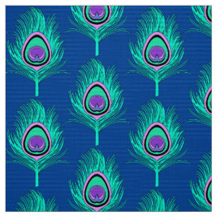Tissu Plumes de paon, Aqua sur le bleu de cobalt profond