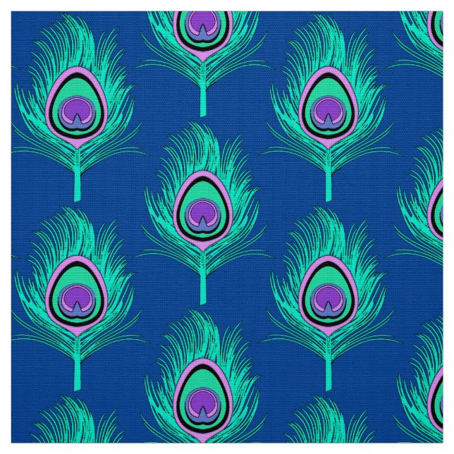 Tissu Plumes de paon, Aqua sur le bleu de cobalt profond (Échantillon)